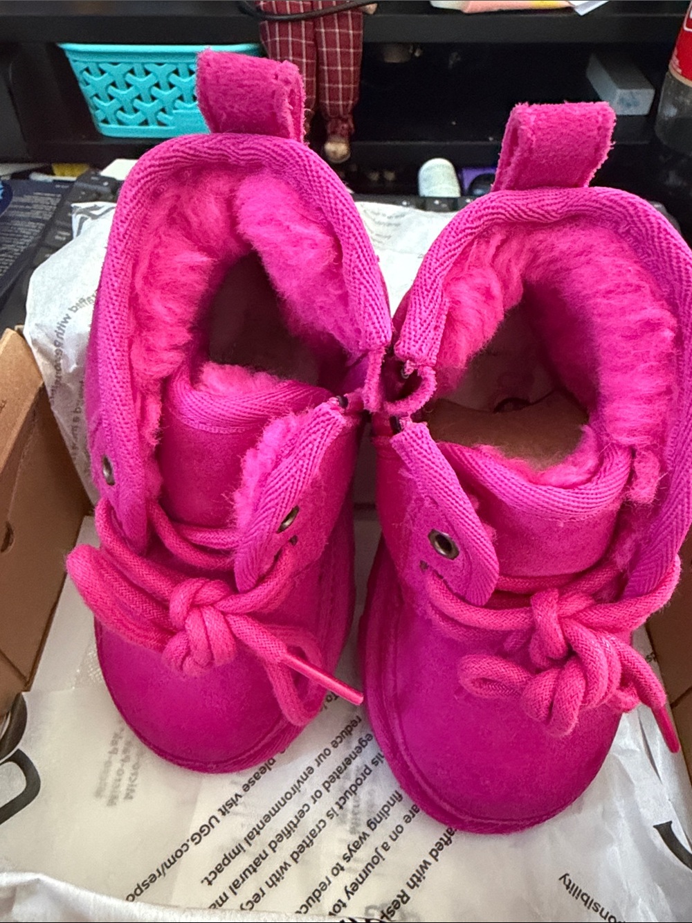 UGG Kids Bright Pink Fleece-Lined Lace Booties